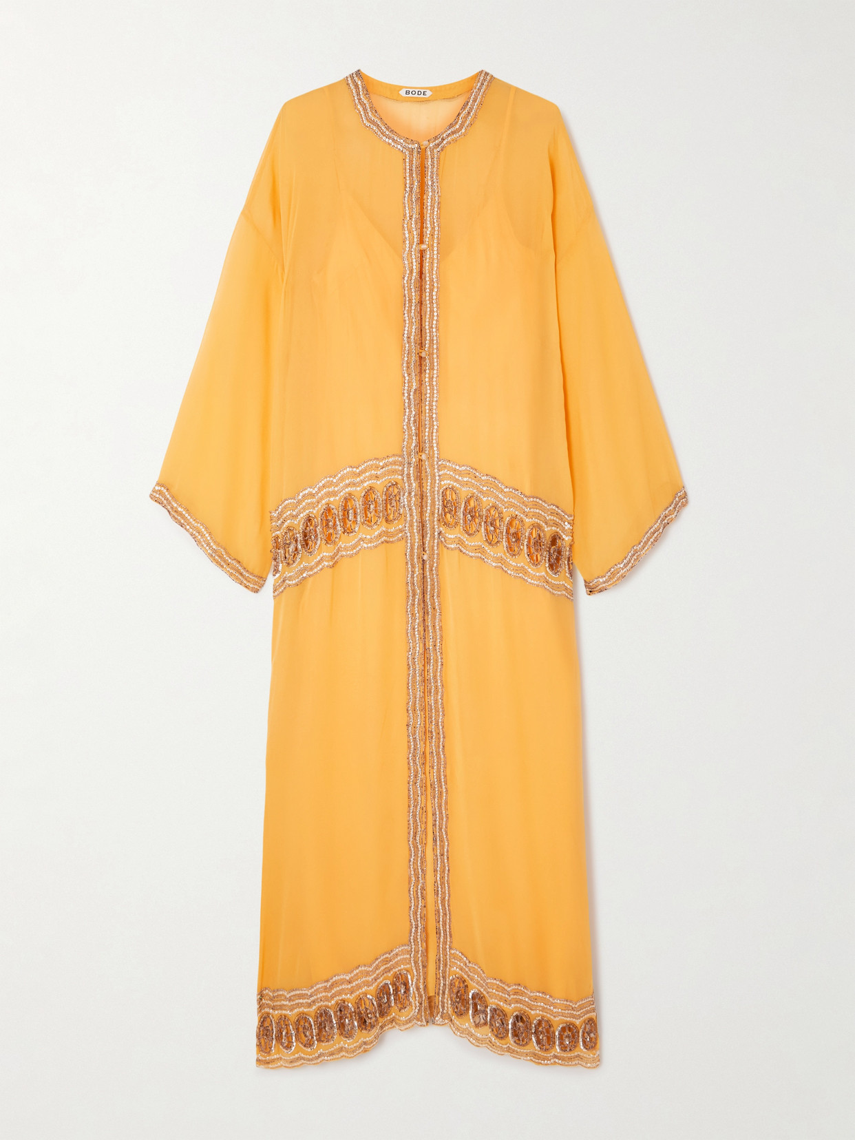 Bode Ducat Embellished Silk-voile Kaftan In Yellow