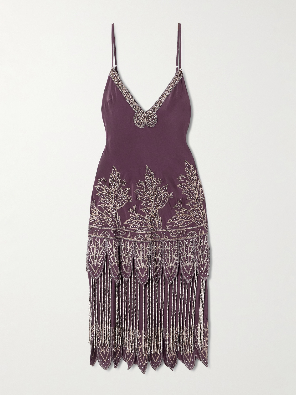Bode Epoque Fringed Embroidered Embellished Silk-crepe Midi Dress In Purple
