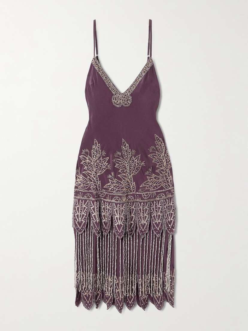 BODE Epoque Fringed Embroidered Embellished Silk-crepe Midi Dress