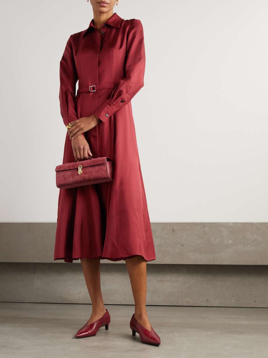 belted silk-twill midi shirt dress