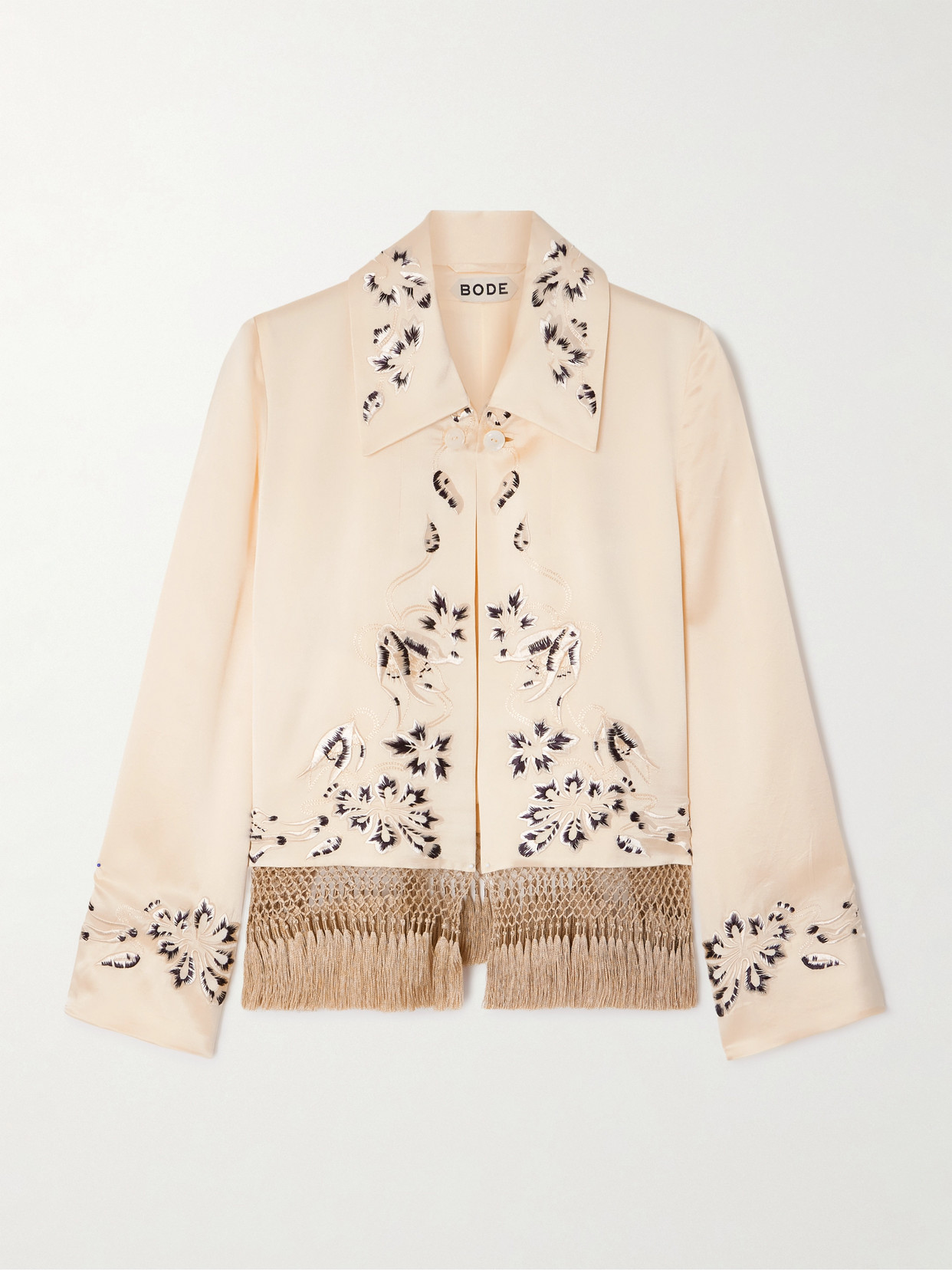 Bode Phantasm Fringed Embroidered Silk-satin Jacket In Sand