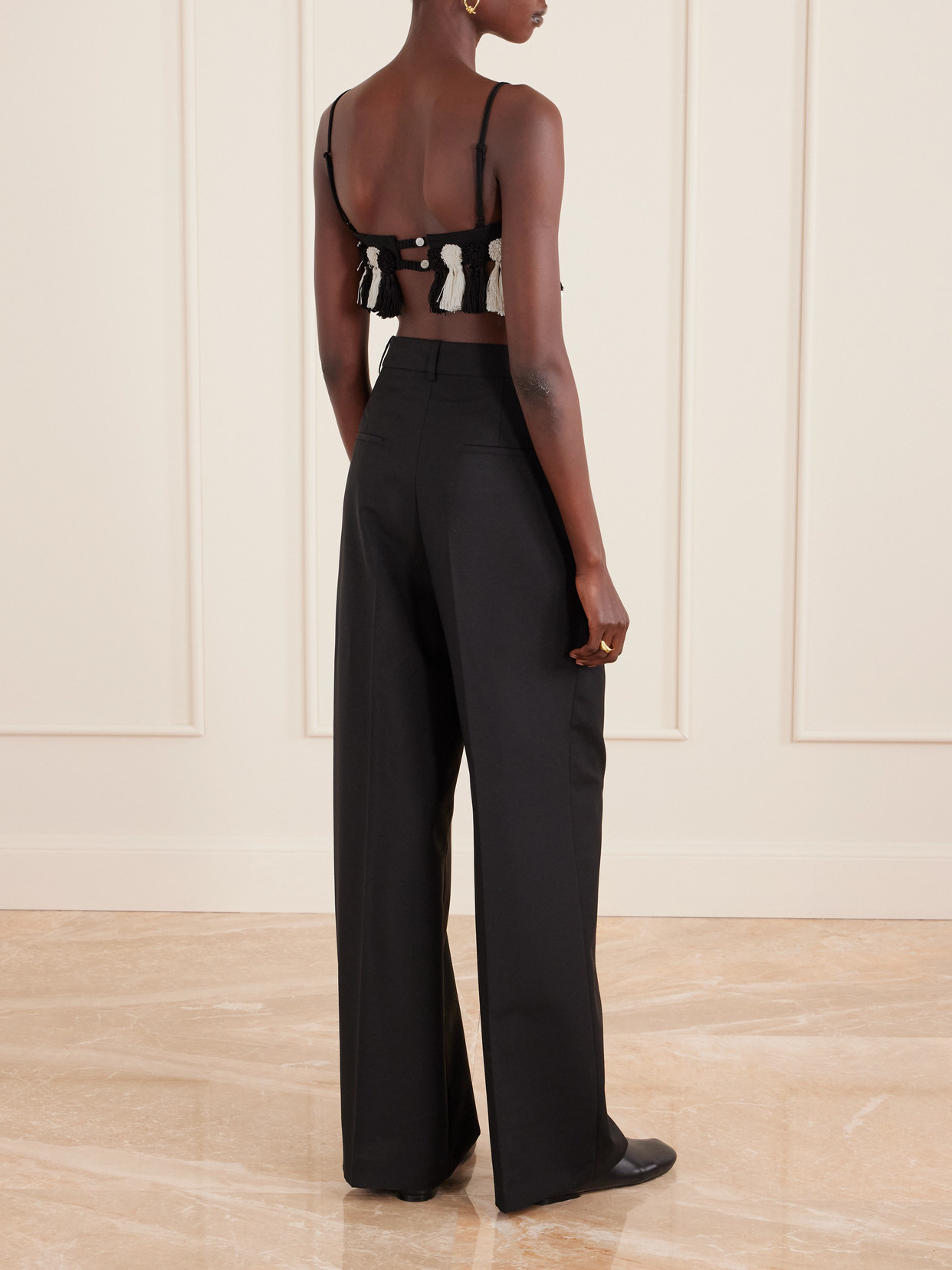 Bode Folly Tasseled Wool-crepe Bralette In Black