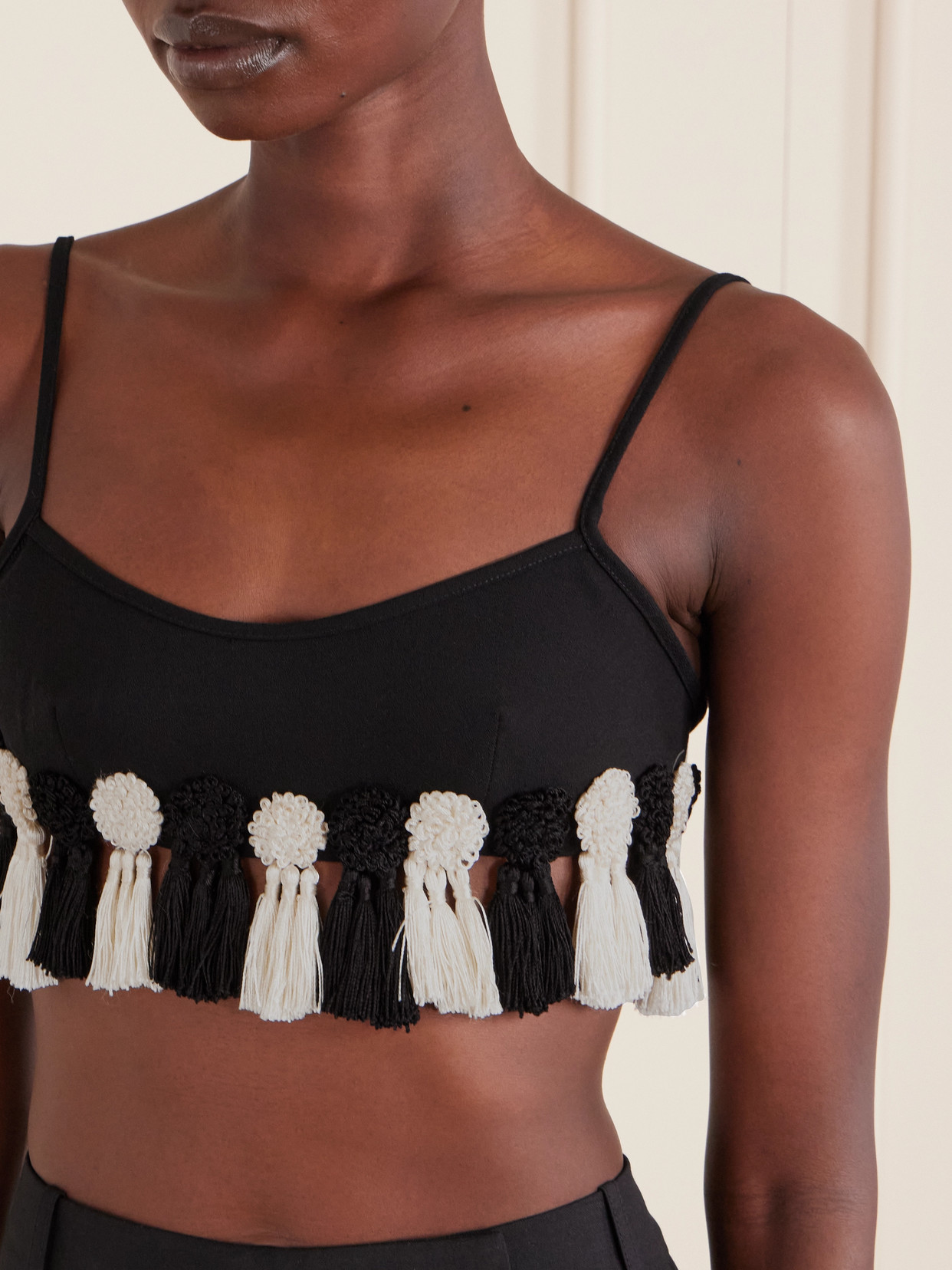 Bode Folly Tasseled Wool-crepe Bralette In Black