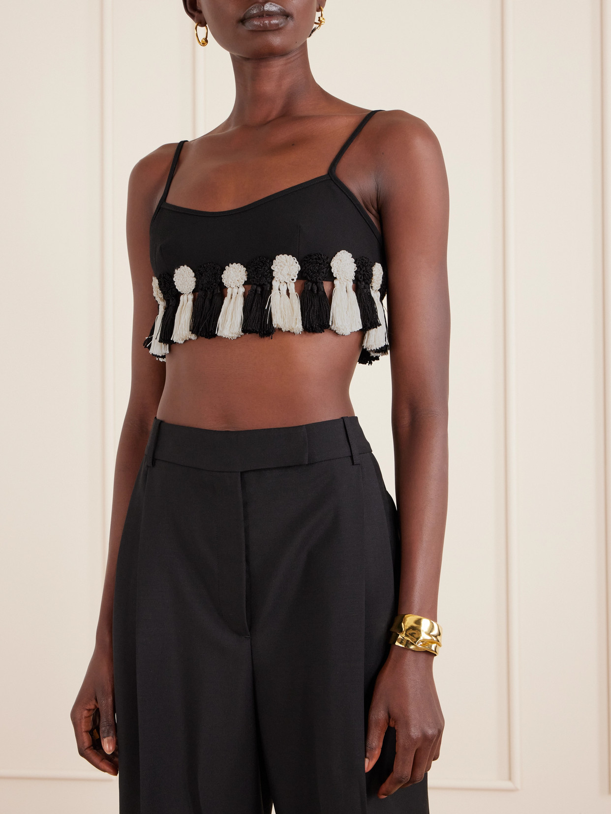 Bode Folly Tasseled Wool-crepe Bralette In Black