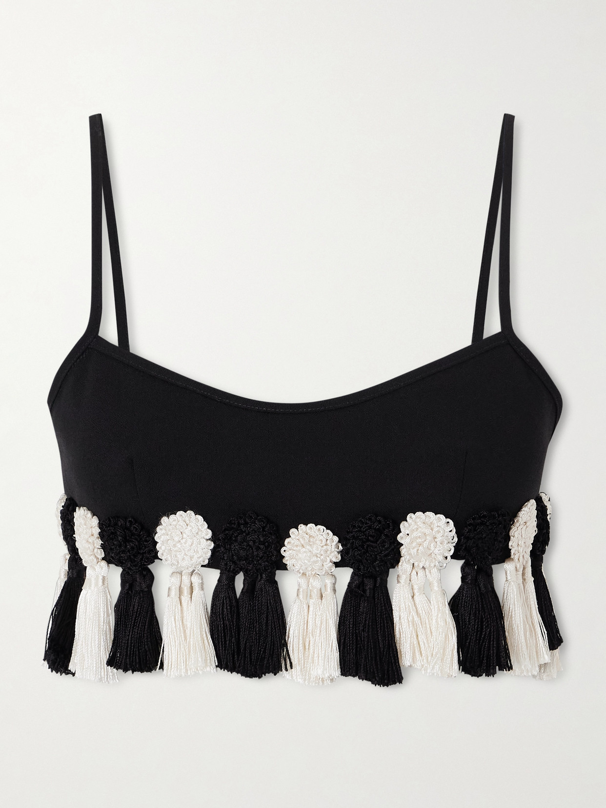 Bode Folly Tasseled Wool-crepe Bralette In Black