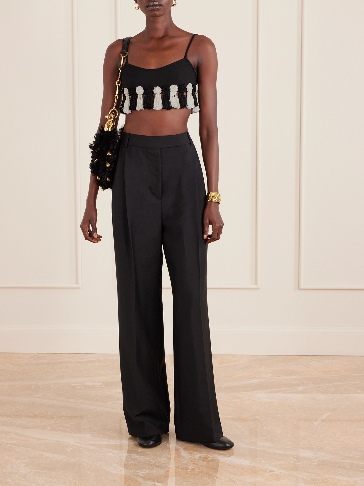 Bode Folly Tasseled Wool-crepe Bralette In Black