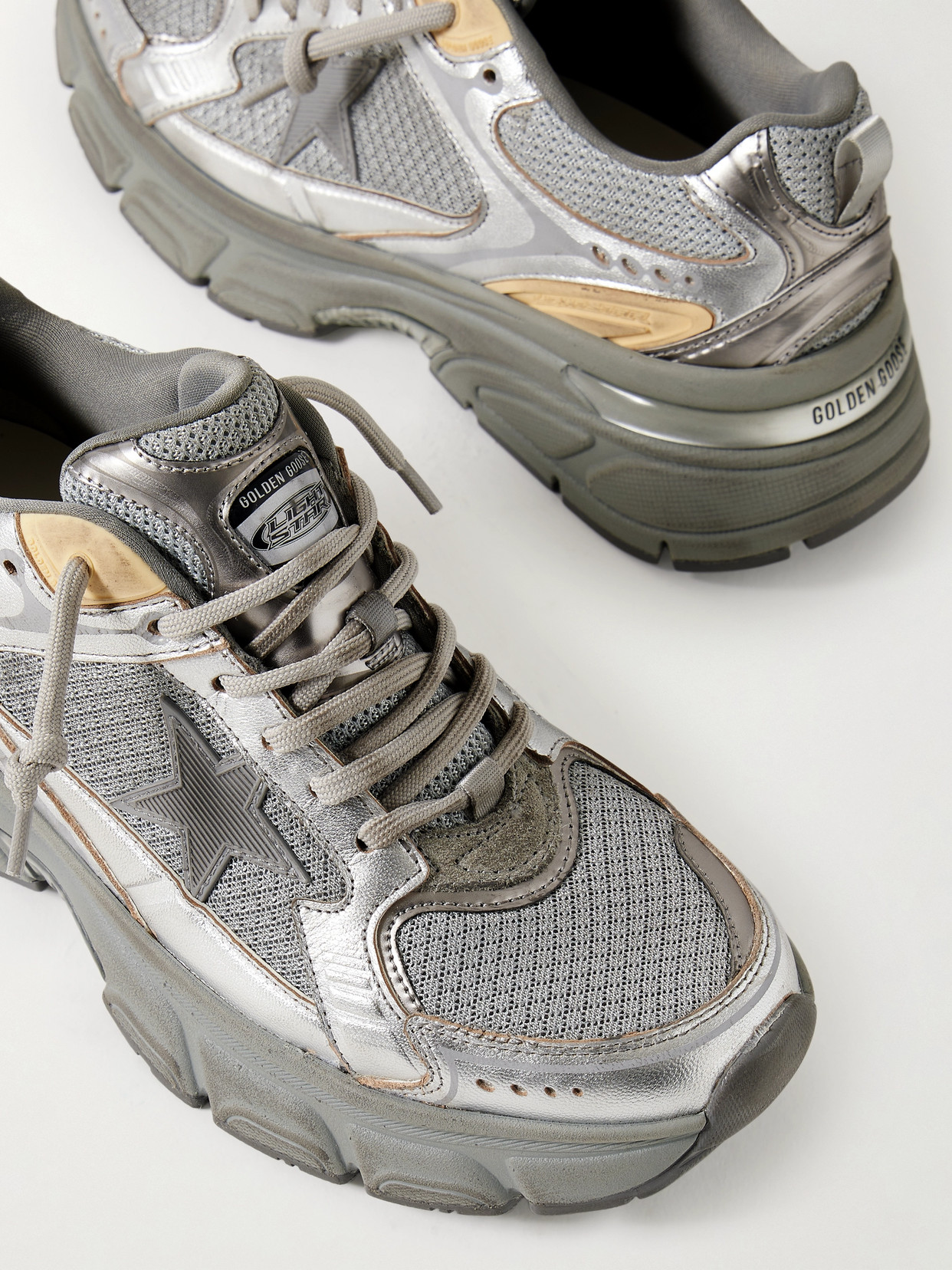 GOLDEN GOOSE LIGHTSTAR METALLIC LEATHER AND RUBBER-TRIMMED MESH SNEAKERS