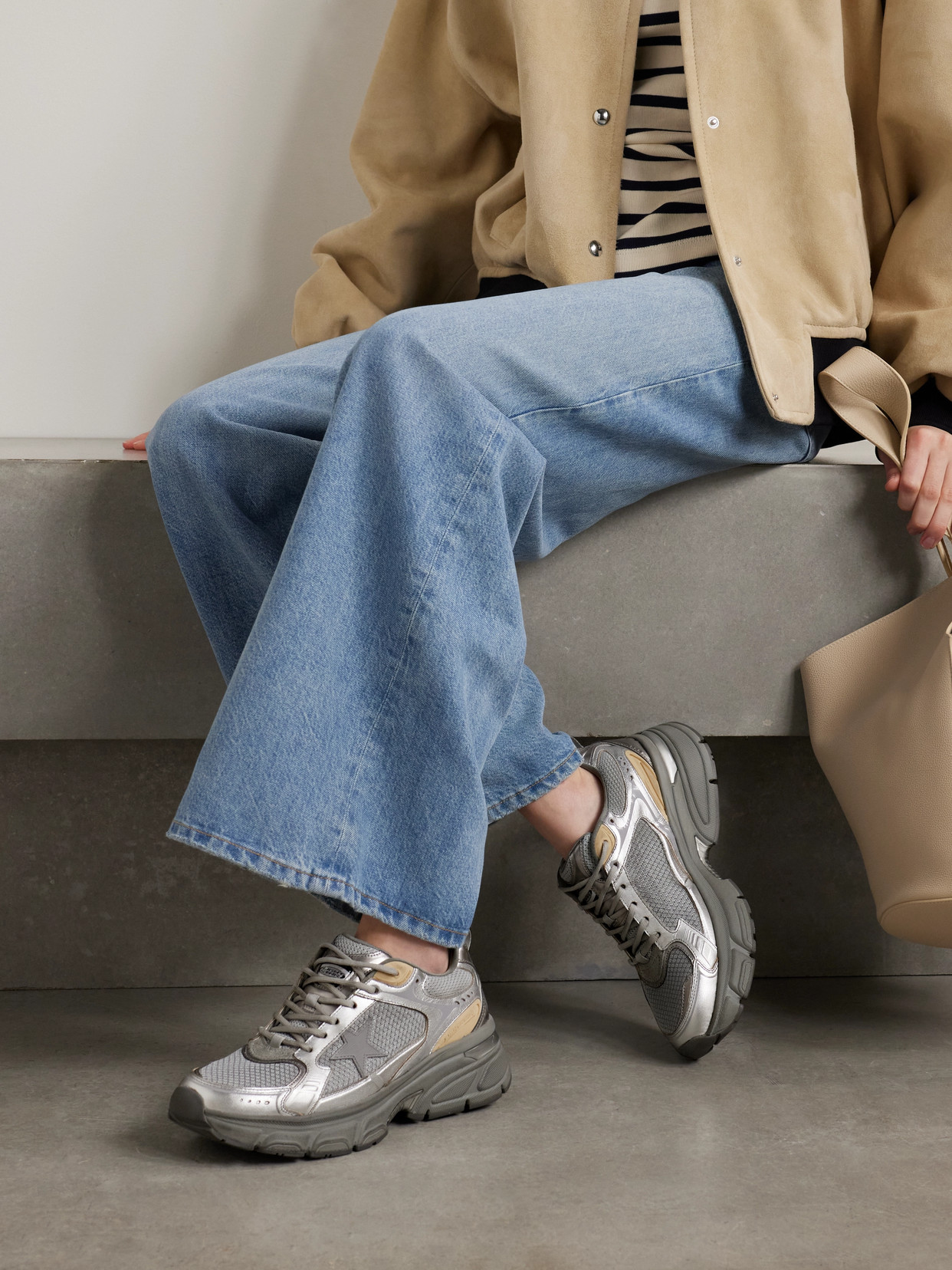 GOLDEN GOOSE LIGHTSTAR METALLIC LEATHER AND RUBBER-TRIMMED MESH SNEAKERS