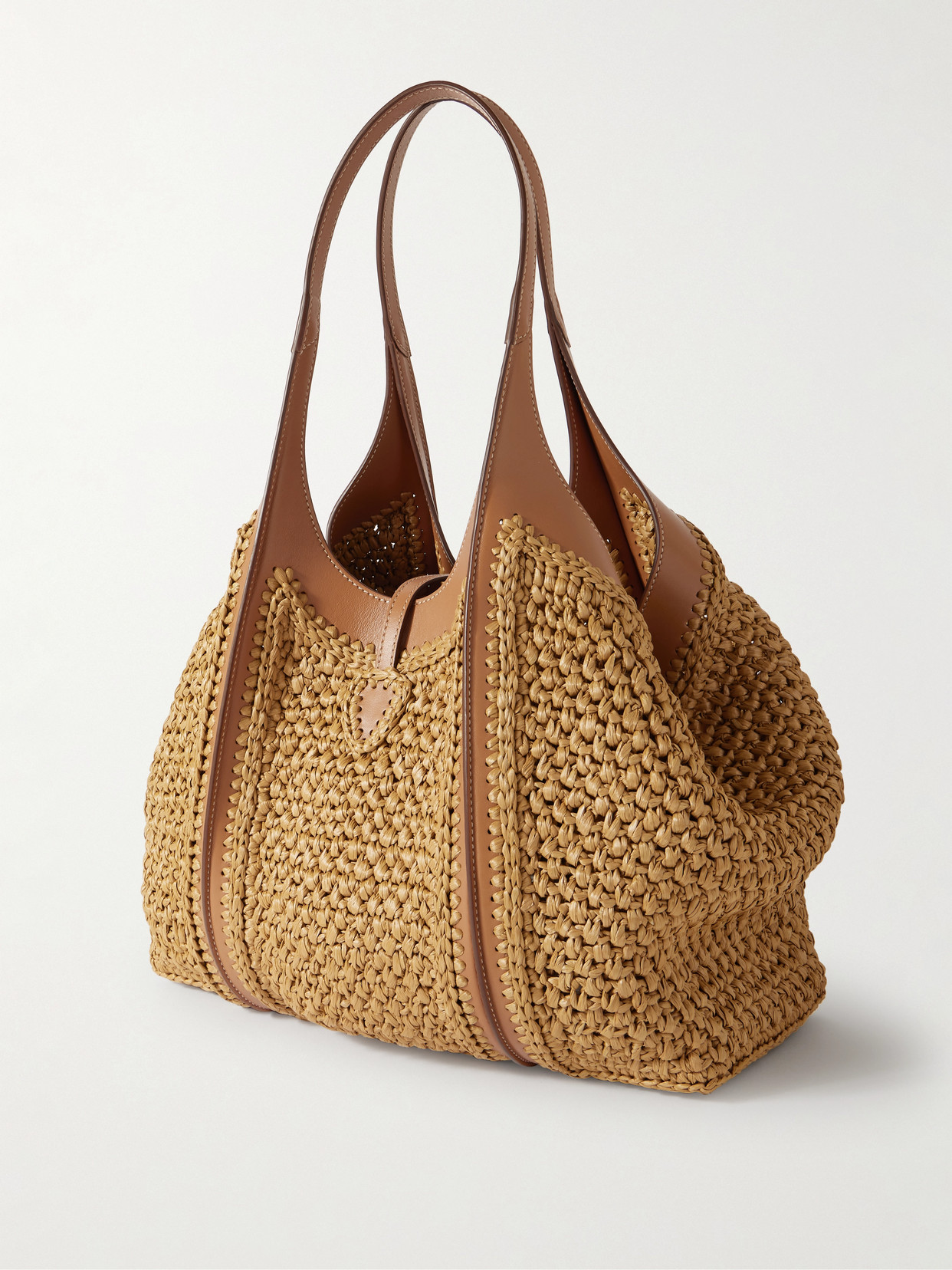 Tod's T Timeless Leather-trimmed Raffia Shoulder Bag In Neutrals