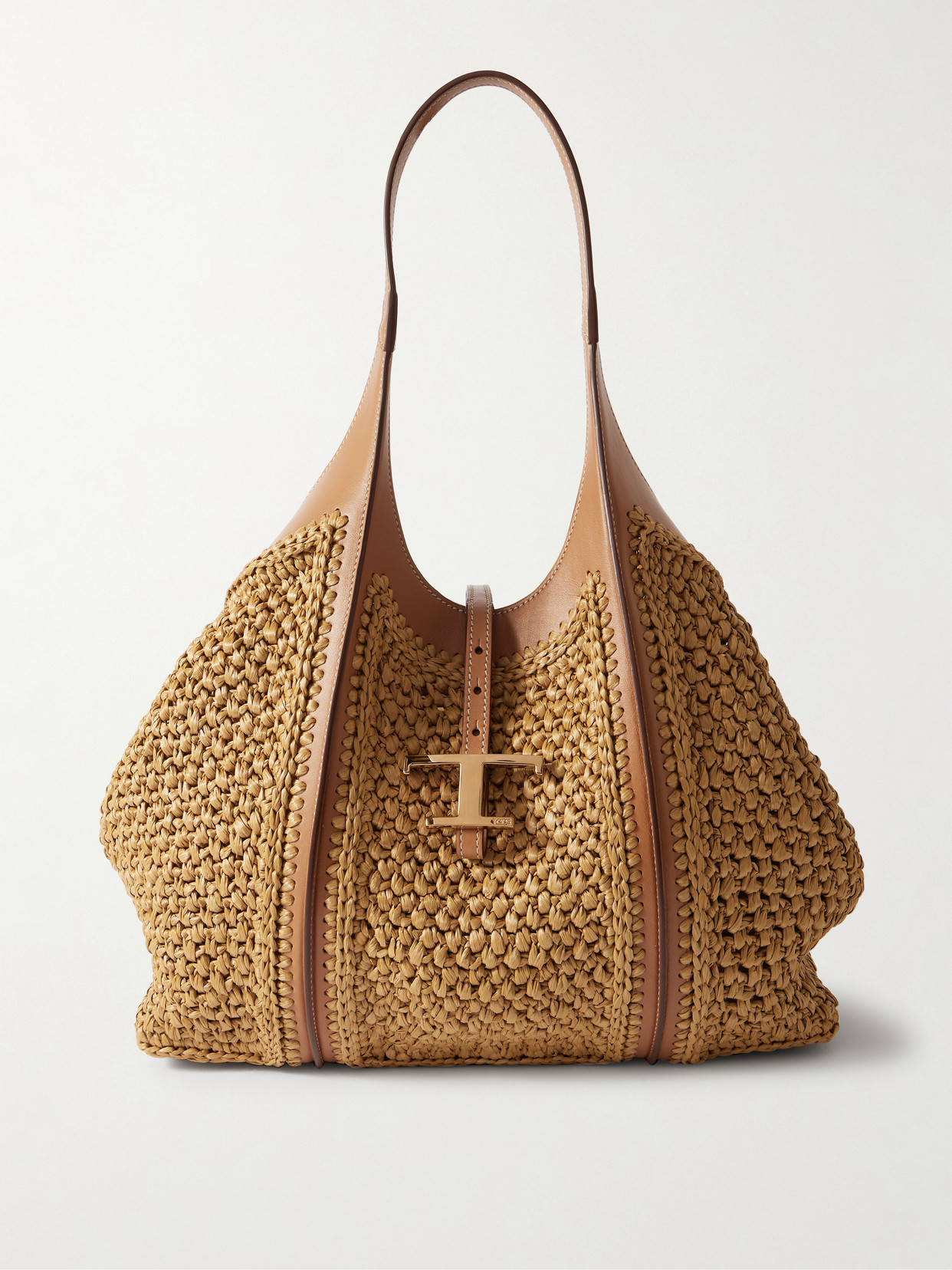 Tod's T Timeless Leather-trimmed Raffia Shoulder Bag In Neutrals