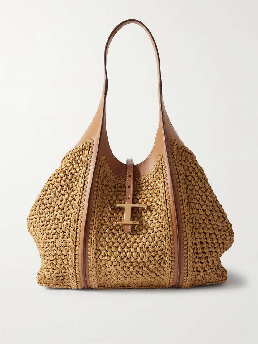 Tod's T Timeless Leather-trimmed Raffia Shoulder Bag