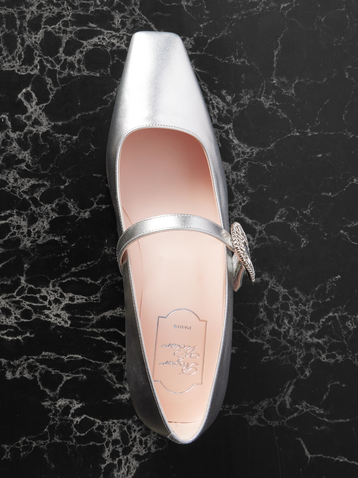 Roger Vivier Belle Vivier 25 Crystal-embellished Metallic Leather Mary Jane Ballet Flats In White