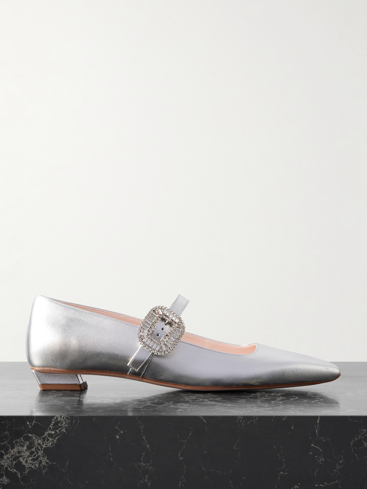 Roger Vivier Belle Vivier 25 Crystal-embellished Metallic Leather Mary Jane Ballet Flats In Silver