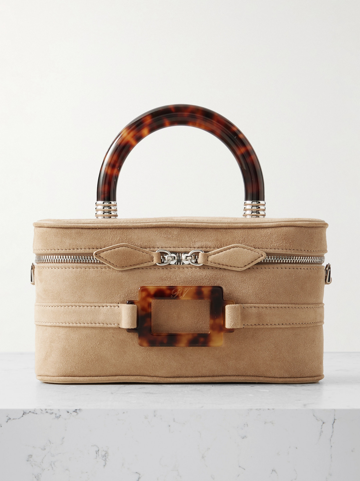 Roger Vivier Belle Vivier Vanity Mini Buckled Suede Clutch In Neutral
