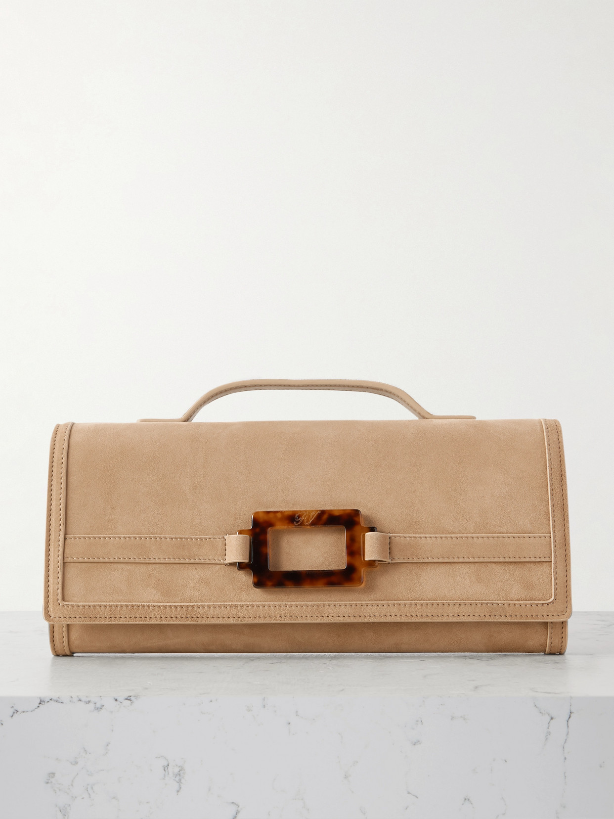 Roger Vivier Belle Vivier Buckled Suede Clutch In Brown