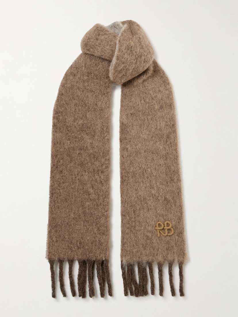 Ruslan Baginskiy Appliquéd Fringed Knitted Scarf