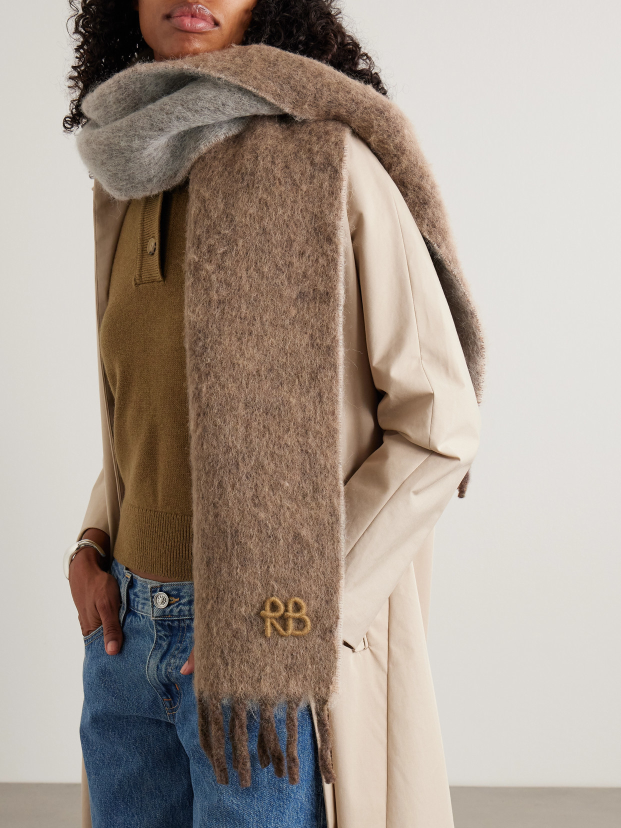 Ruslan Baginskiy Appliquéd Fringed Knitted Scarf In Brown
