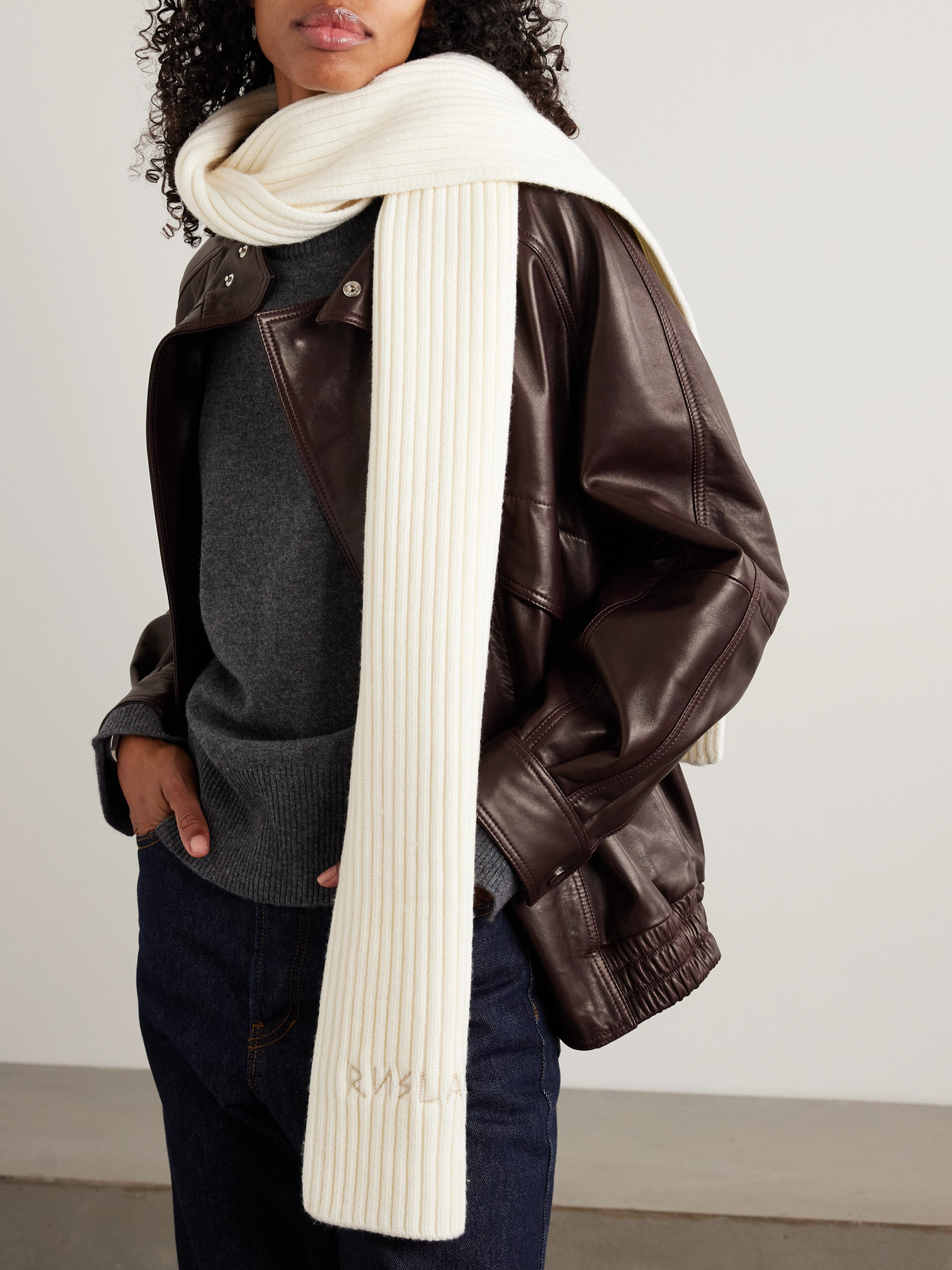 Ruslan Baginskiy Embroidered Ribbed Merino Wool Scarf In White