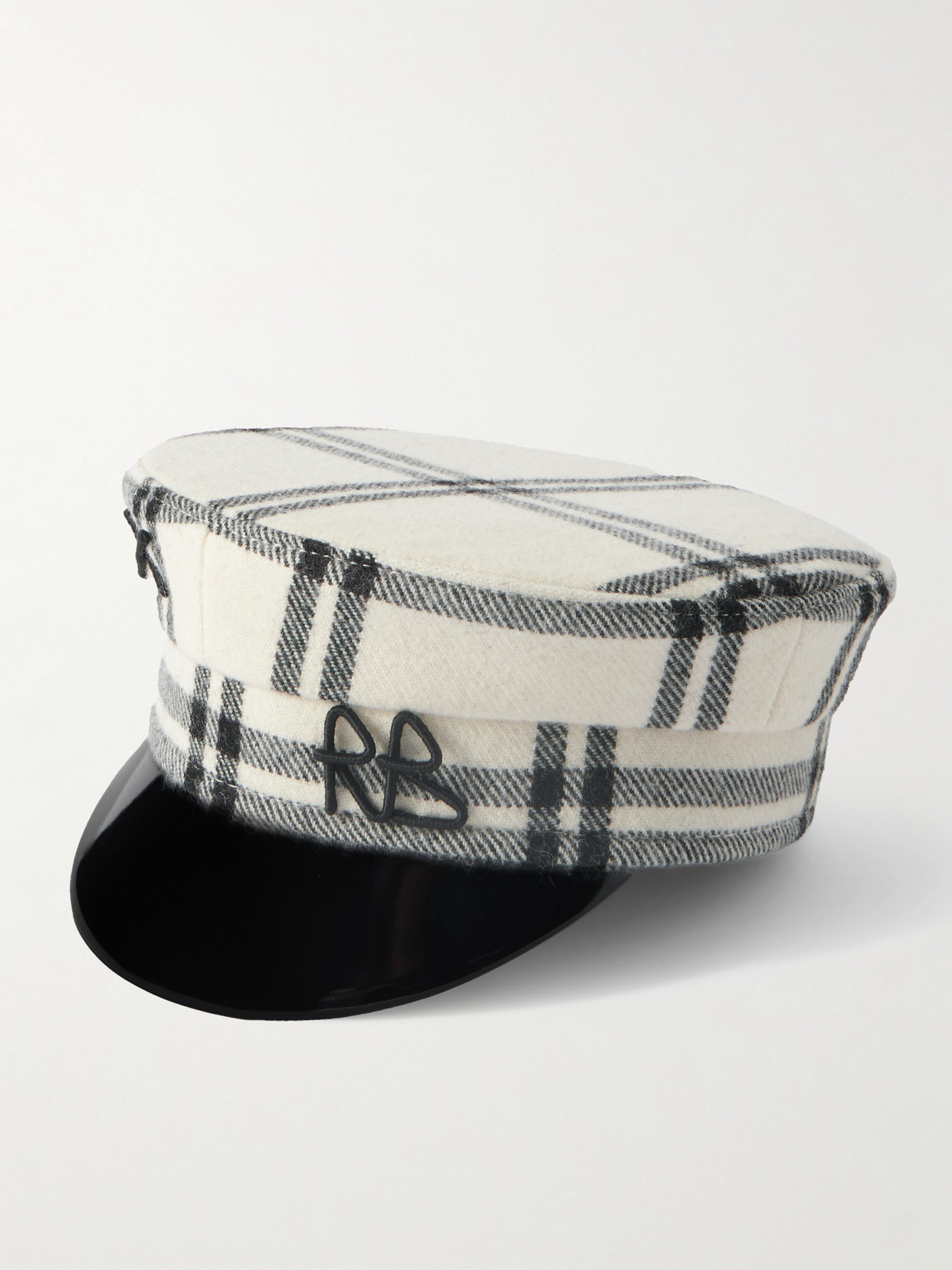 Ruslan Baginskiy Baker Boy Embroidered Checked Wool-blend Flannel Cap In White