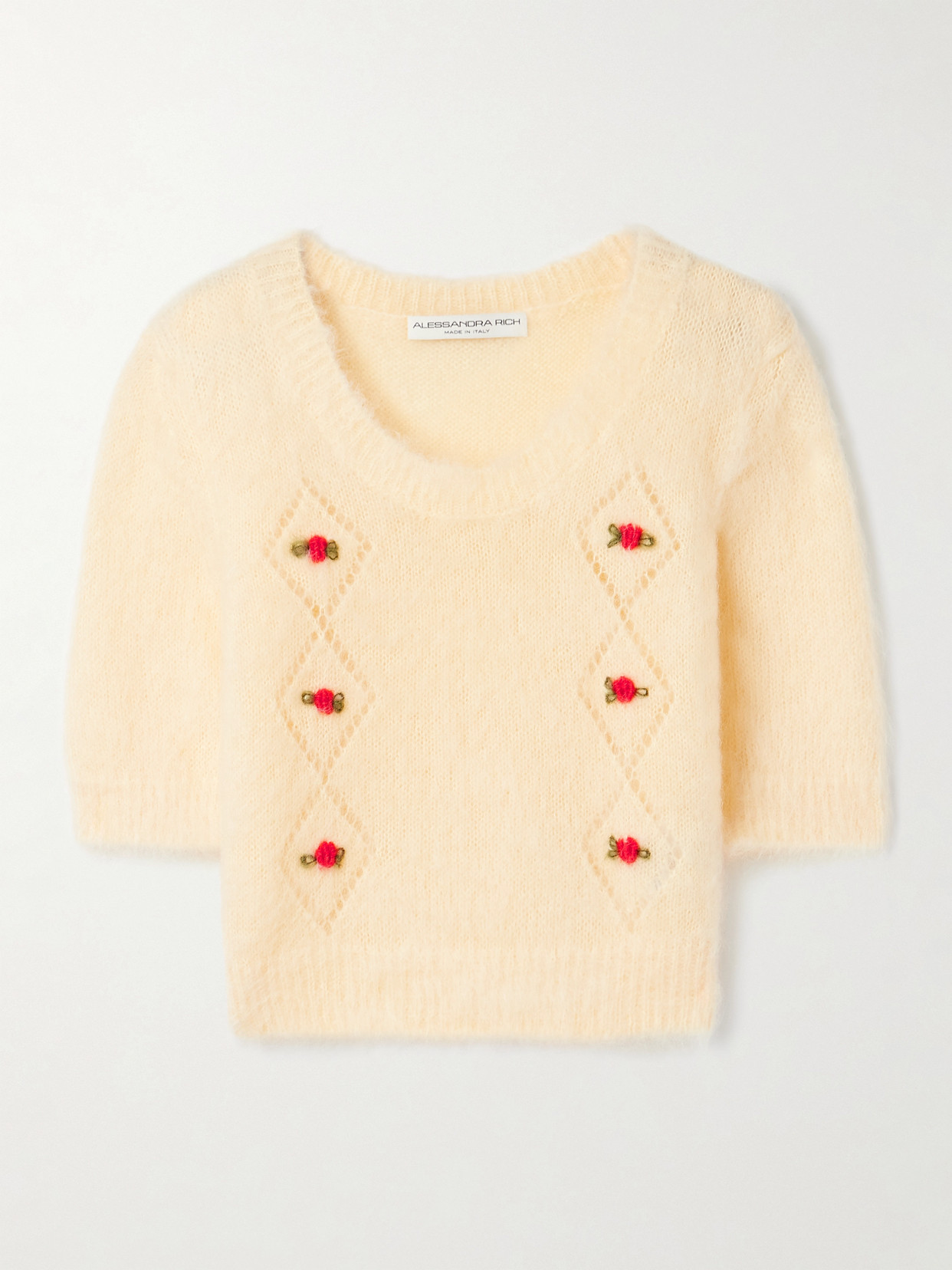 Alessandra Rich Embroidered Pointelle-knit Mohair-blend Sweater In Yellow