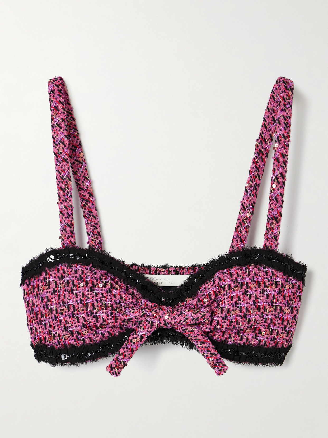 Alessandra Rich Embellished Frayed Chiffon-trimmed Metallic Tweed Bralette In Pink