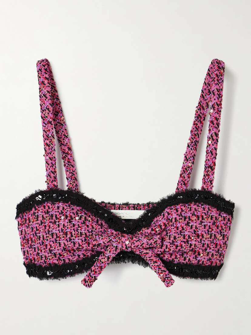 Alessandra Rich Embellished Frayed Chiffon-trimmed Metallic Tweed Bralette