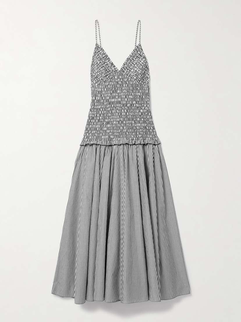 Brandon Maxwell The Josie Shirred Striped Cotton Midi Dress