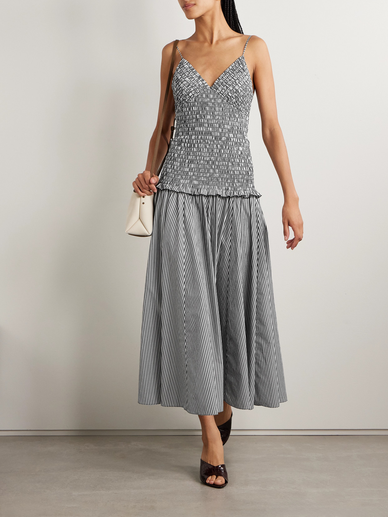 Brandon Maxwell The Josie Shirred Striped Cotton Midi Dress In Silver