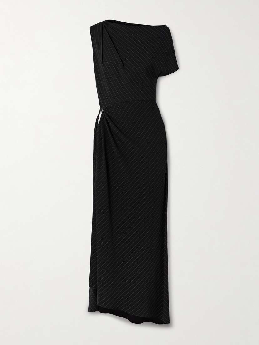 Brandon Maxwell The Lowery One-sleeve Asymmetric Embellished Pinstriped Twill Dress