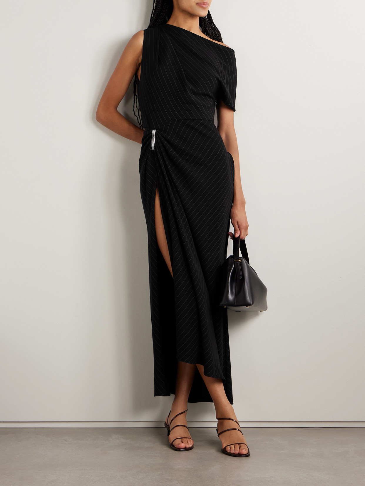 Brandon Maxwell The Lowery One-sleeve Asymmetric Embellished Pinstriped Twill Dress In Black
