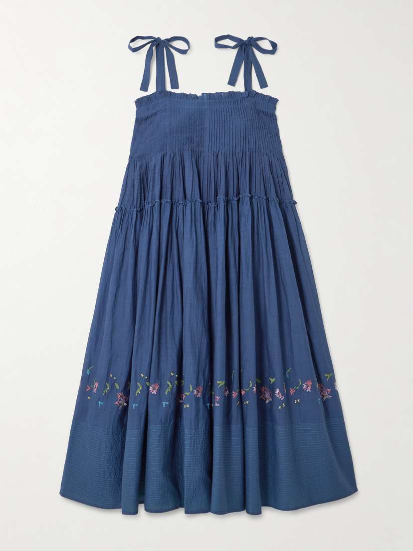 Eka Riley Pintucked Tiered Embroidered Cotton And Silk-blend Midi Dress