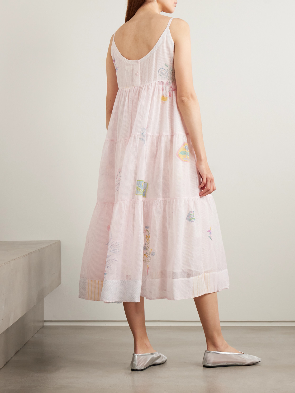 Eka Ikumi Tiered Printed Cotton Kota Doriya Midi Dress In Pink