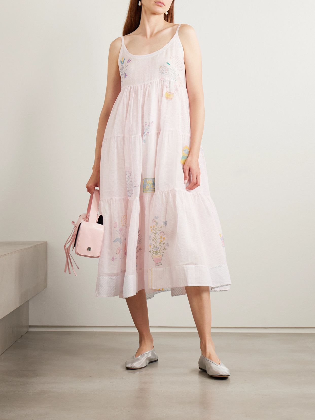 Eka Ikumi Tiered Printed Cotton Kota Doriya Midi Dress In Pink