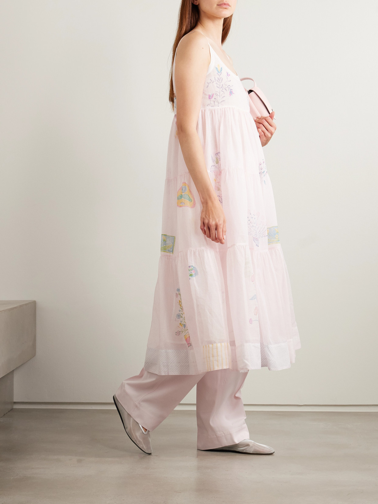 Eka Ikumi Tiered Printed Cotton Kota Doriya Midi Dress In Pink