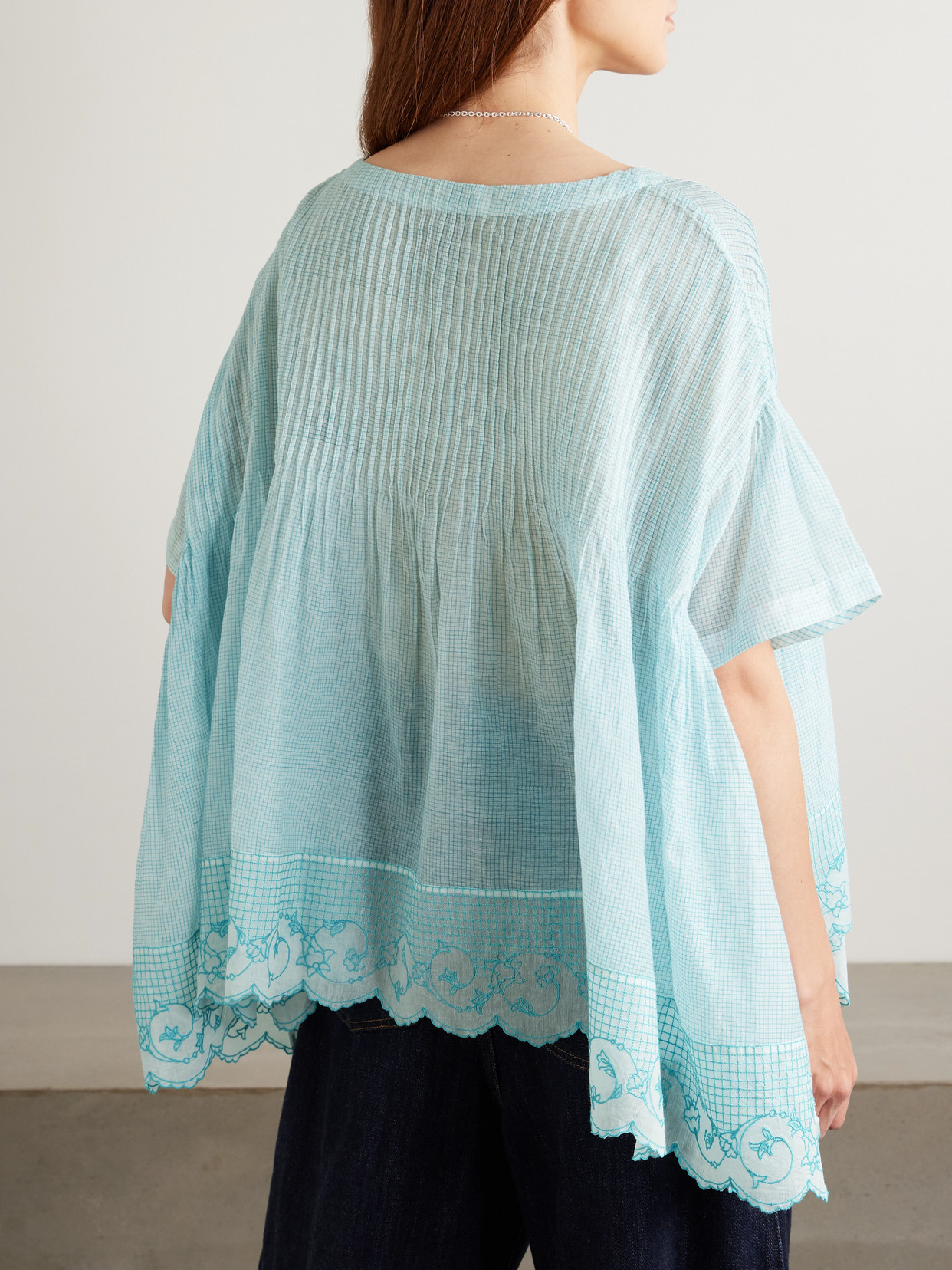 Eka Cai Pintucked Embroidered Checked Cotton And Silk-blend Voile Blouse