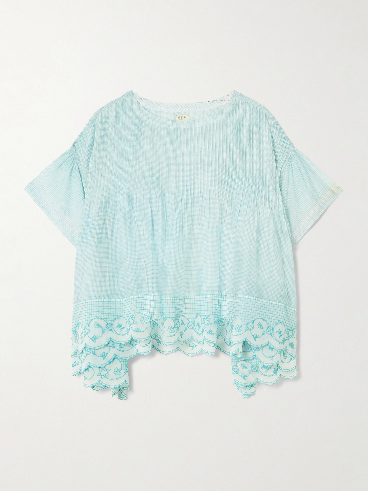 Eka Cai Pintucked Embroidered Checked Cotton And Silk-blend Voile Blouse