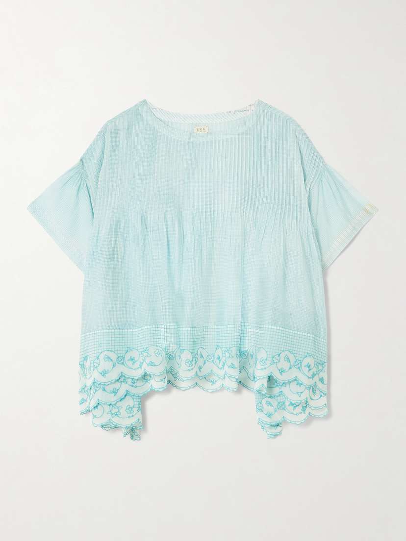 Eka Cai Pintucked Embroidered Checked Cotton And Silk-blend Voile Blouse