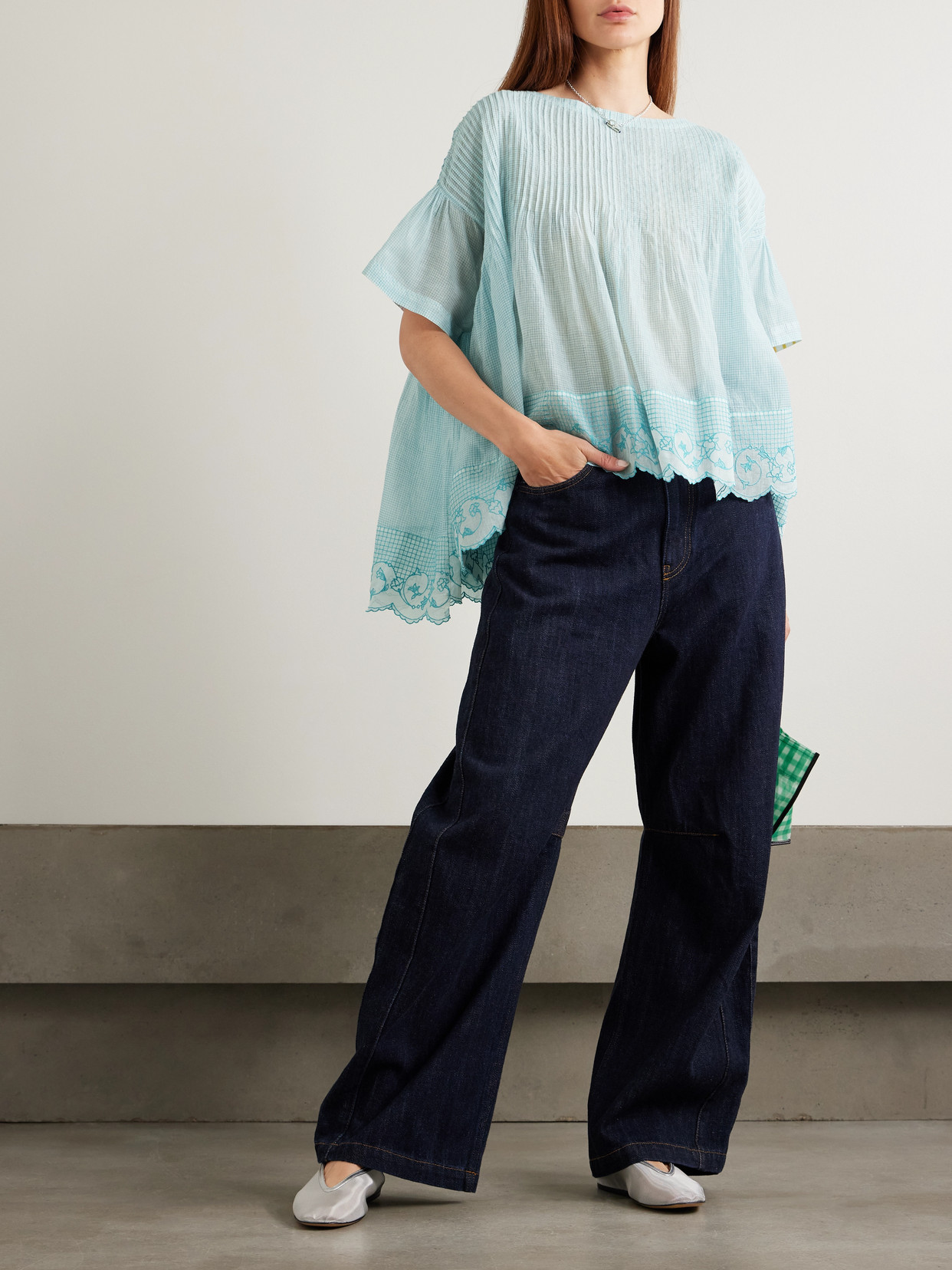 Eka Cai Pintucked Embroidered Checked Cotton And Silk-blend Voile Blouse
