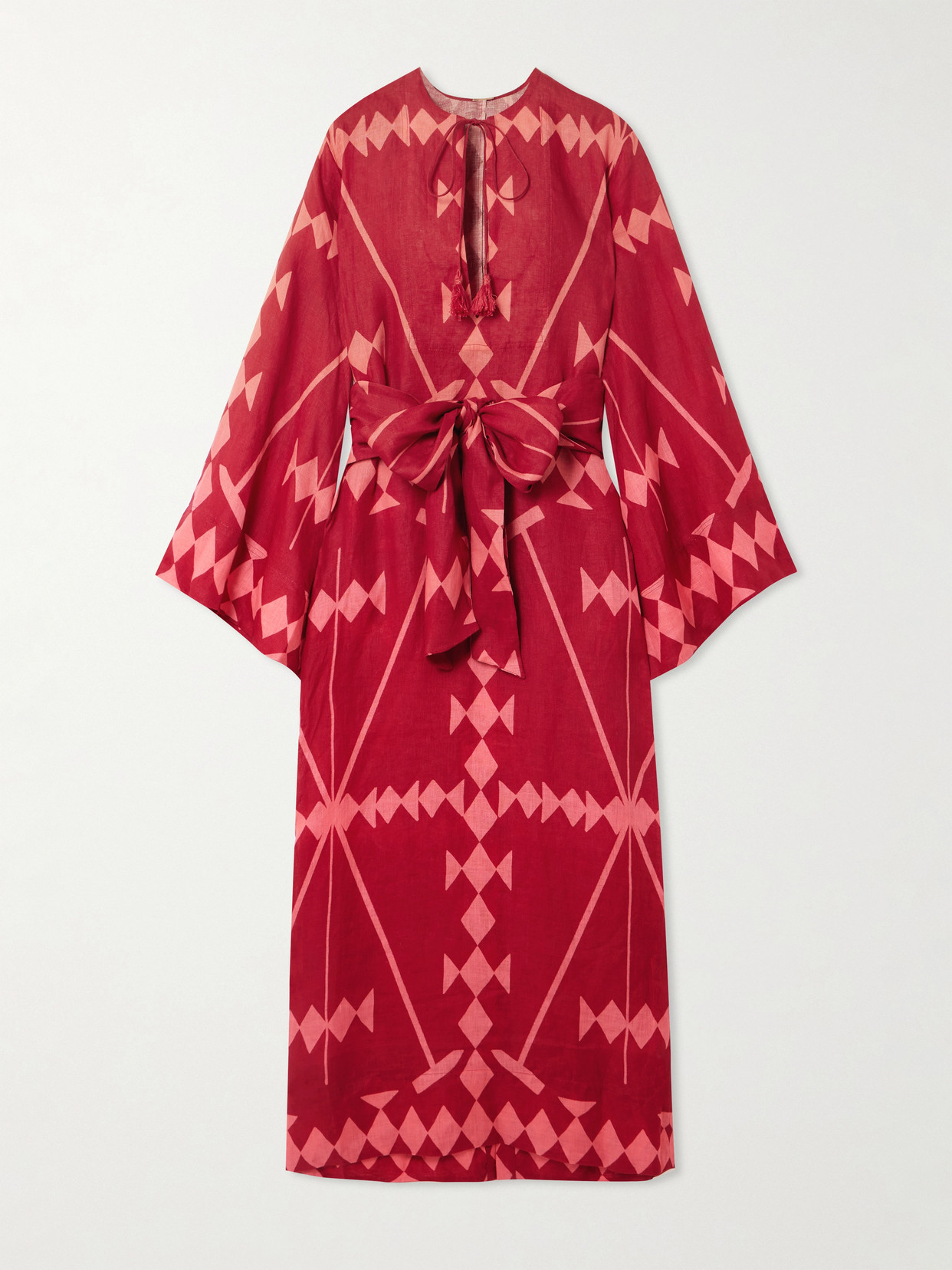Johanna Ortiz Wild Savannah Belted Tasseled Printed Linen Dress In Purple