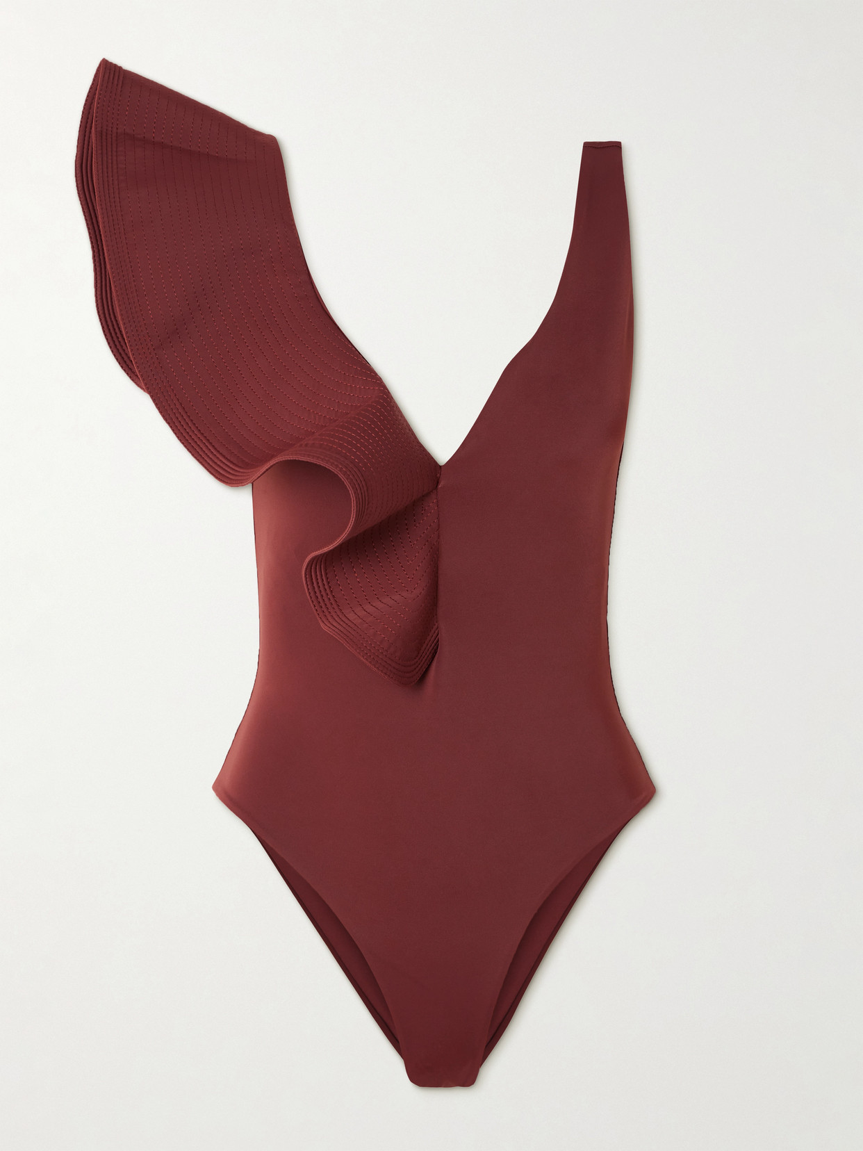 Johanna Ortiz Boleros Y Voleros Ruffled Swimsuit In Burgundy