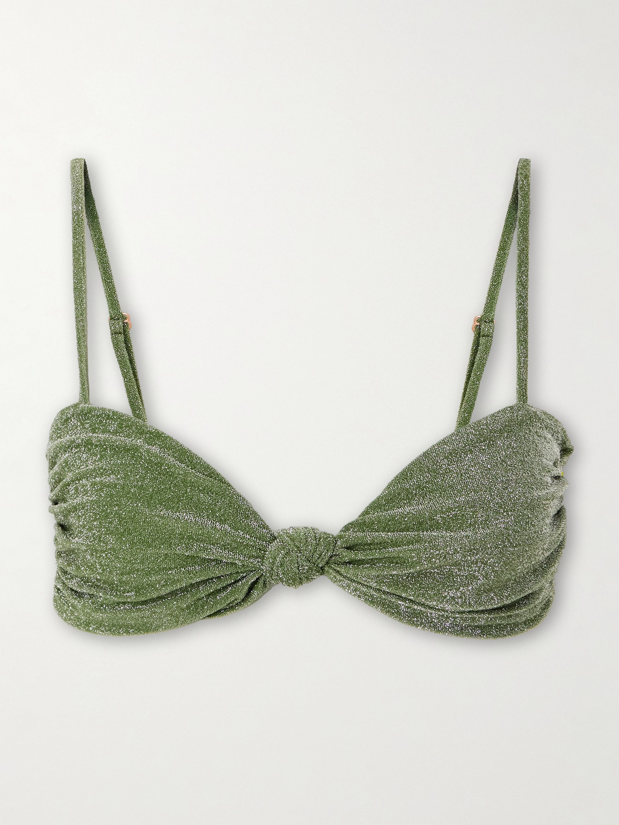 Johanna Ortiz Heliconia Twist-front Metallic Recycled Bikini Top In Green