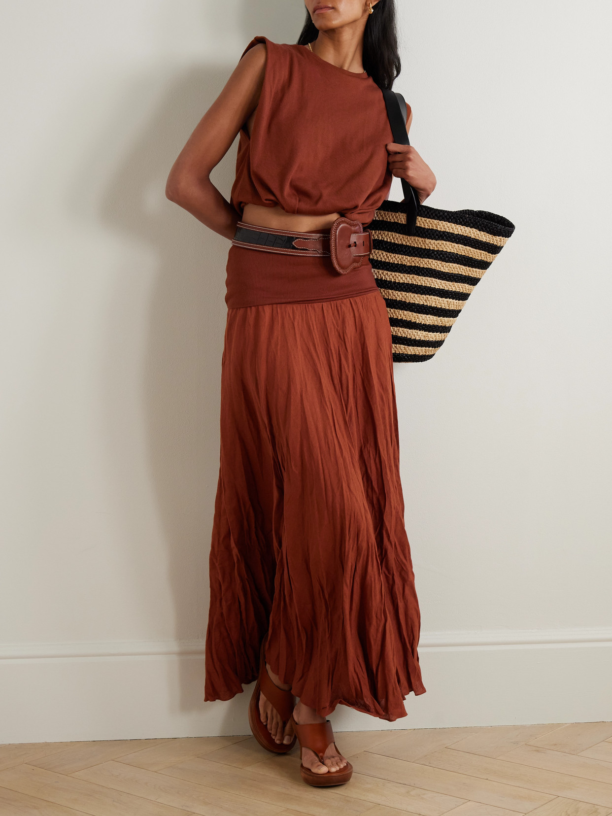 Johanna Ortiz Muraya Cropped Gathered Jersey T-shirt In Brown