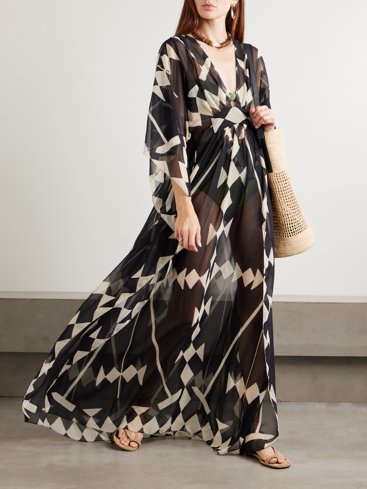 Johanna Ortiz Secret Garden Printed Recycled-georgette Kaftan In Black