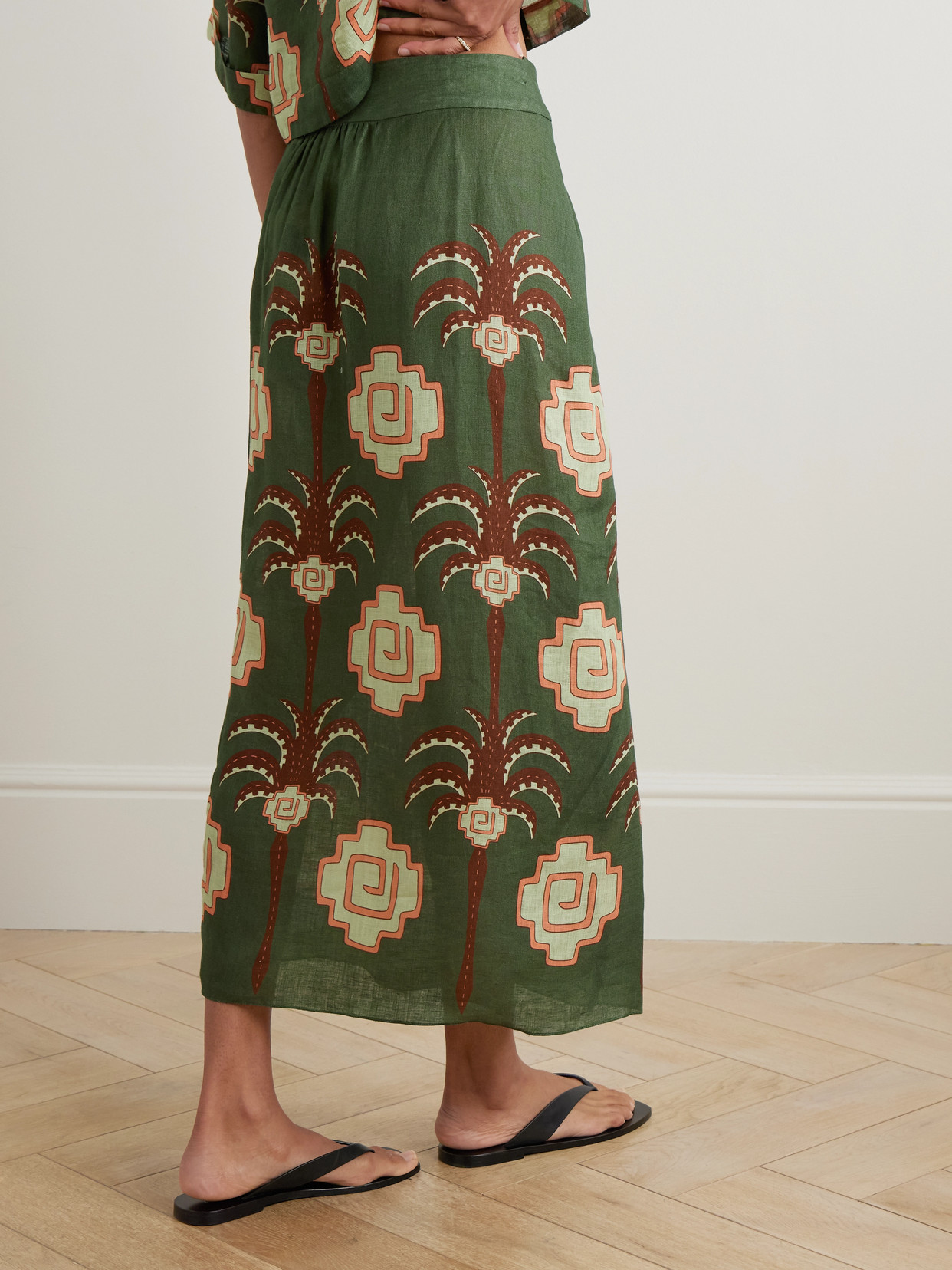 Johanna Ortiz Amazon Echoes Printed Linen Midi Wrap Skirt In Green