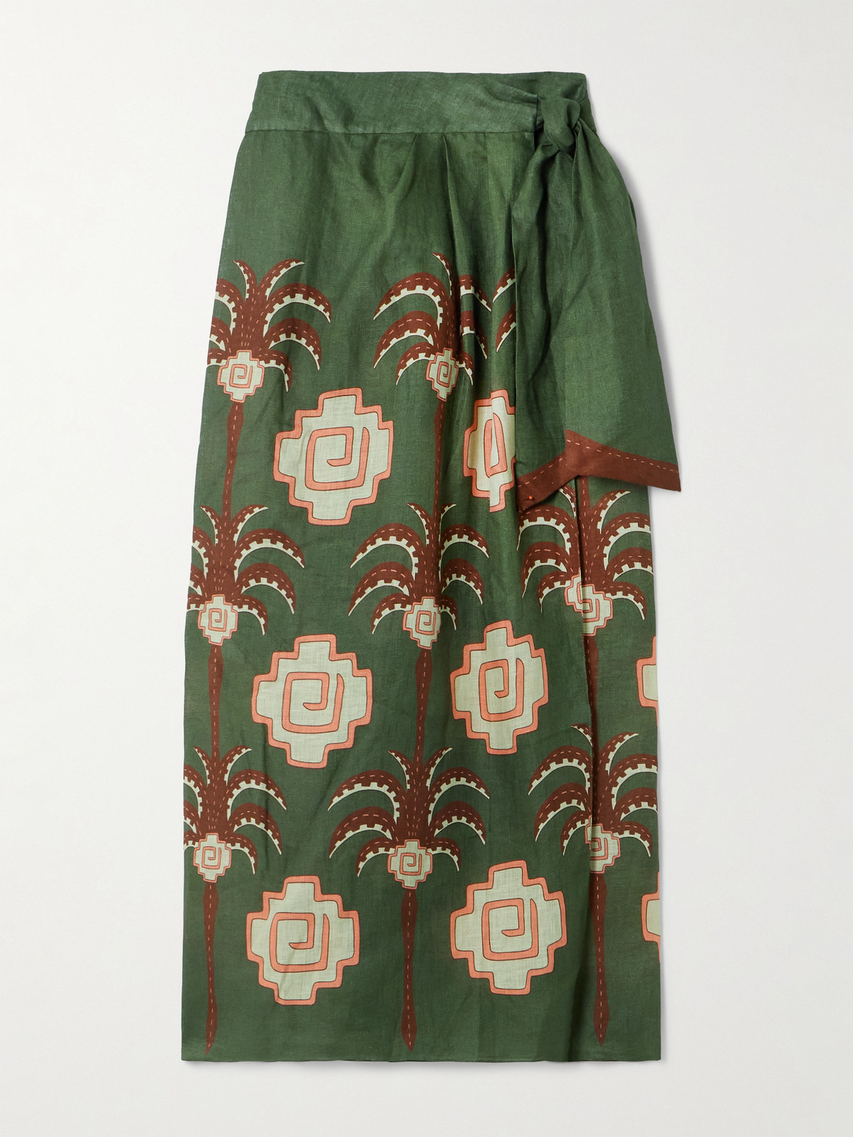 Johanna Ortiz Amazon Echoes Printed Linen Midi Wrap Skirt In Green