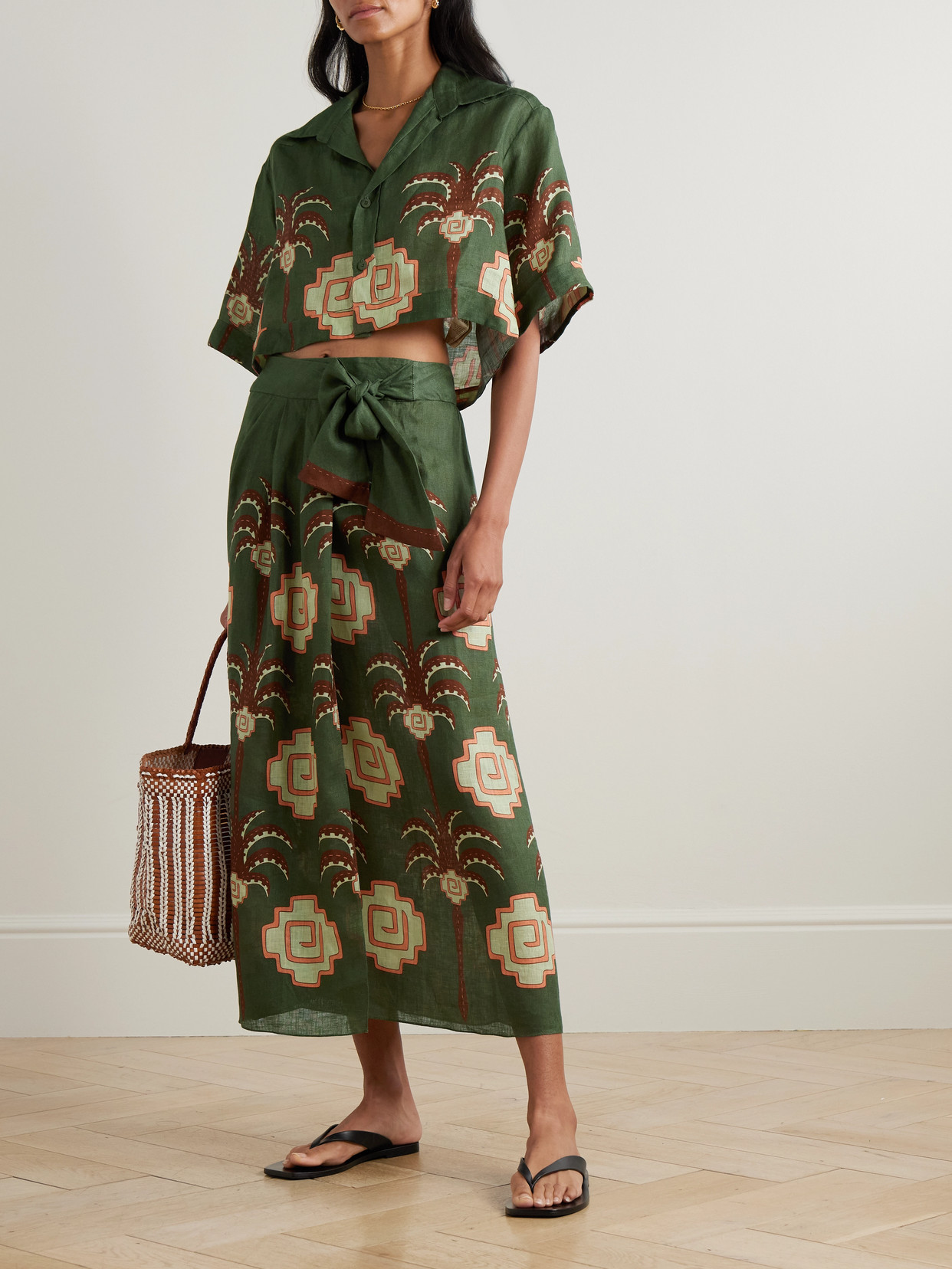 Johanna Ortiz Amazon Echoes Printed Linen Midi Wrap Skirt In Green
