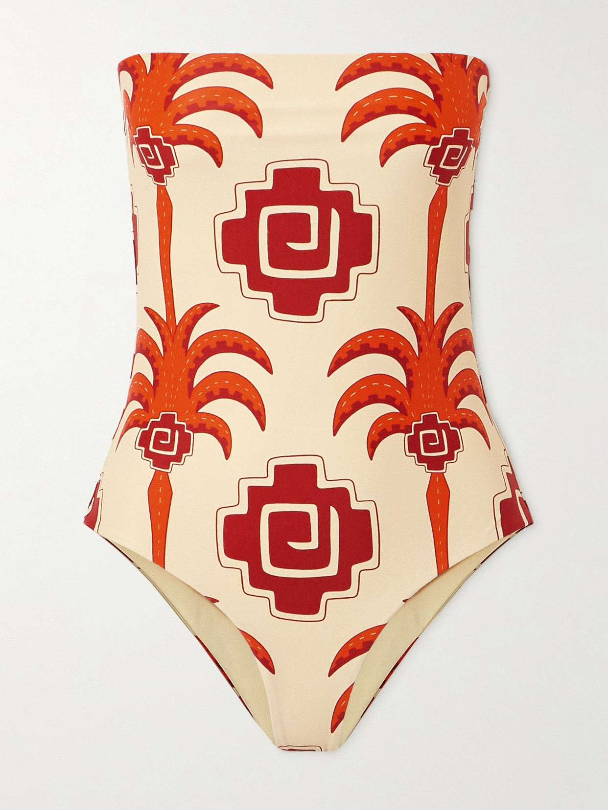 Johanna Ortiz Alta Mar Strapless Printed Recycled Swimsuit In Orange