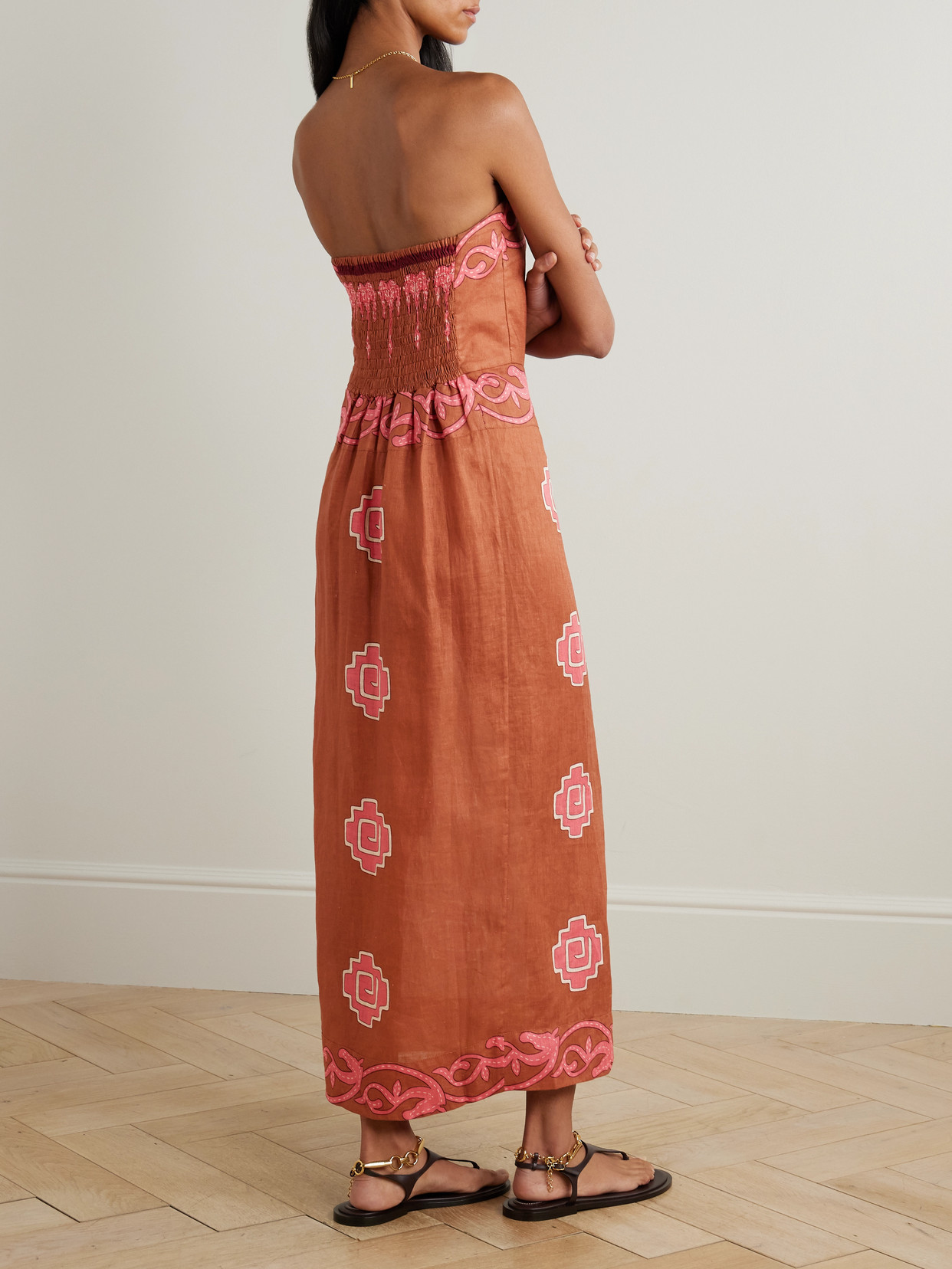 Johanna Ortiz Ancient Strapless Wrap-effect Printed Linen Midi Dress In Brown