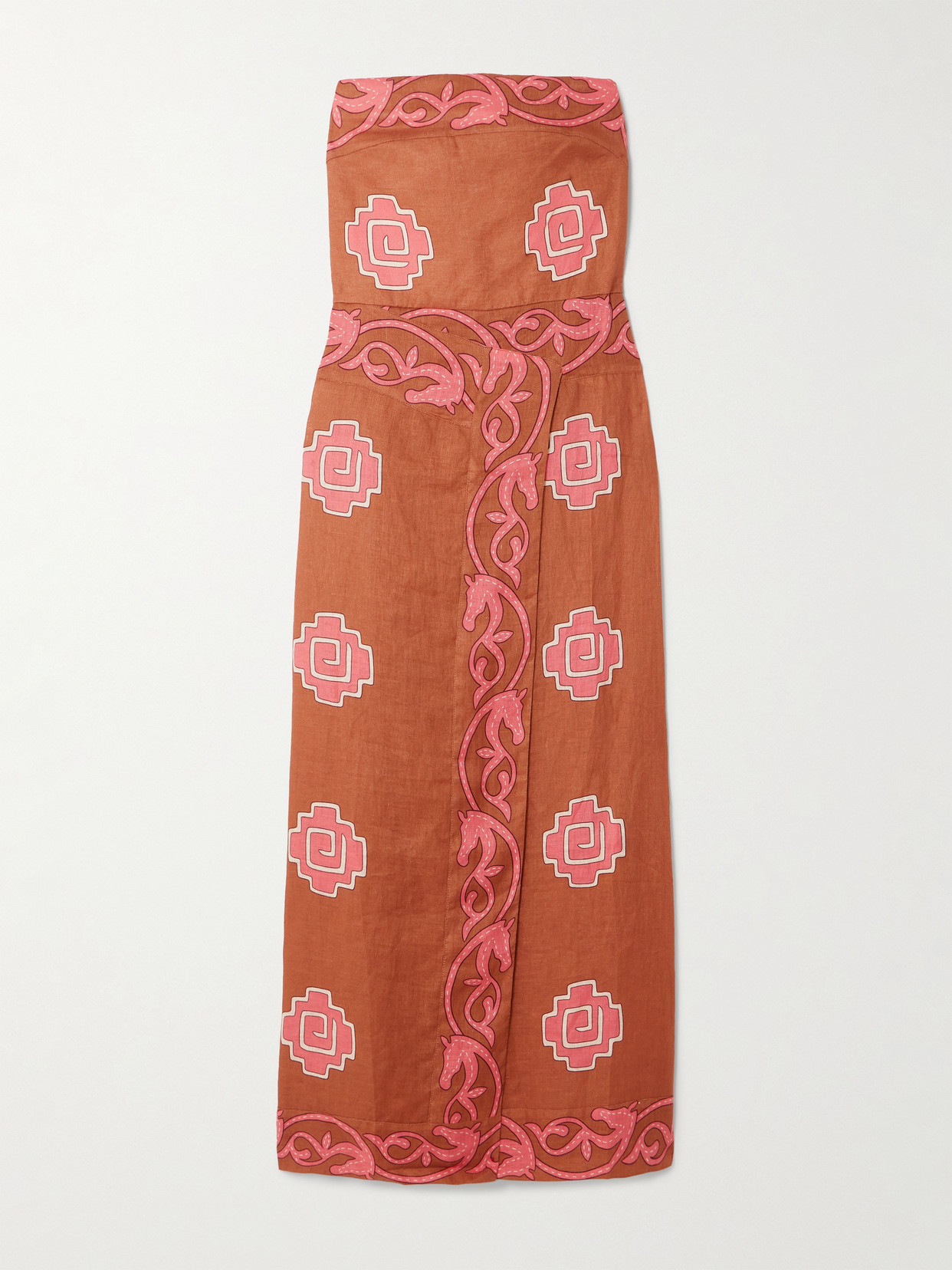 Johanna Ortiz Ancient Strapless Wrap-effect Printed Linen Midi Dress In Brown