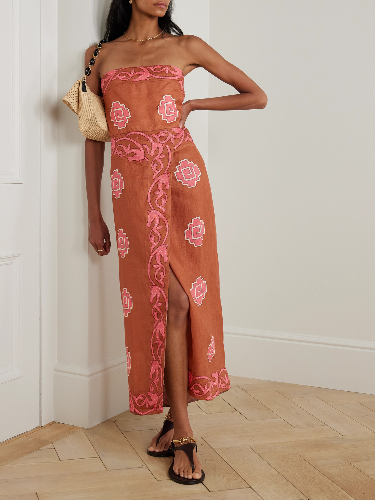 Johanna Ortiz Ancient Strapless Wrap-effect Printed Linen Midi Dress In Brown